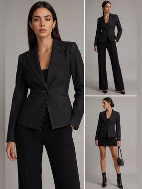 Kasper Dark Charcoal Black Denim-Inspired Blazer Jacket Contrast Stitch Y2K
